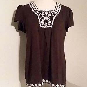 Brown and white embroidered top
